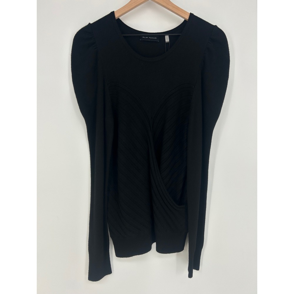 "NWT"ELIE TAHARI Black Long Sleeve Puff Shoulder Wrap Front Long Sleeve Blouse L